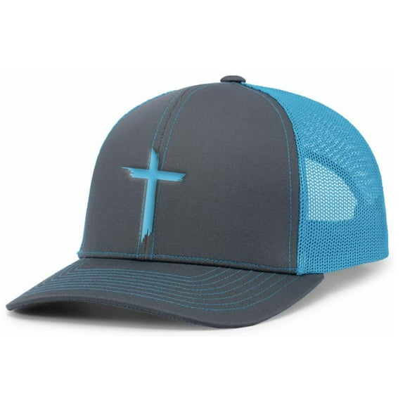 Mens Christian Hat Brush Cross Embroidered Mesh Back Trucker Hat, Charcoal/Neon Blue