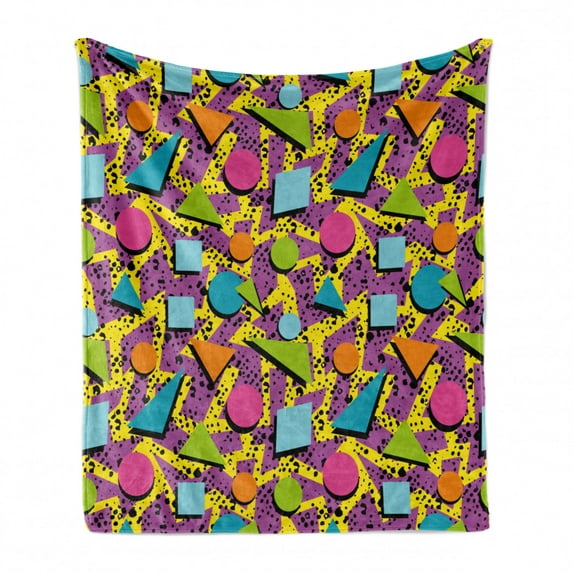Vintage Soft Flannel Fleece Throw Blanket, Funky Geometric 80s Memphis Fashion Style Colorful Pop Art Inspired Pattern, Cozy Plush for Indoor and Outdoor Use, 60" x 80", Multicolor, by Ambesonne