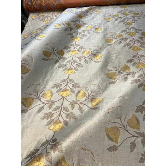 Gold ivory copper multi floral Jaquard French silk brocade 45” wide. Best for apparel, fabric accessories & home Decore. Sold by the yard.