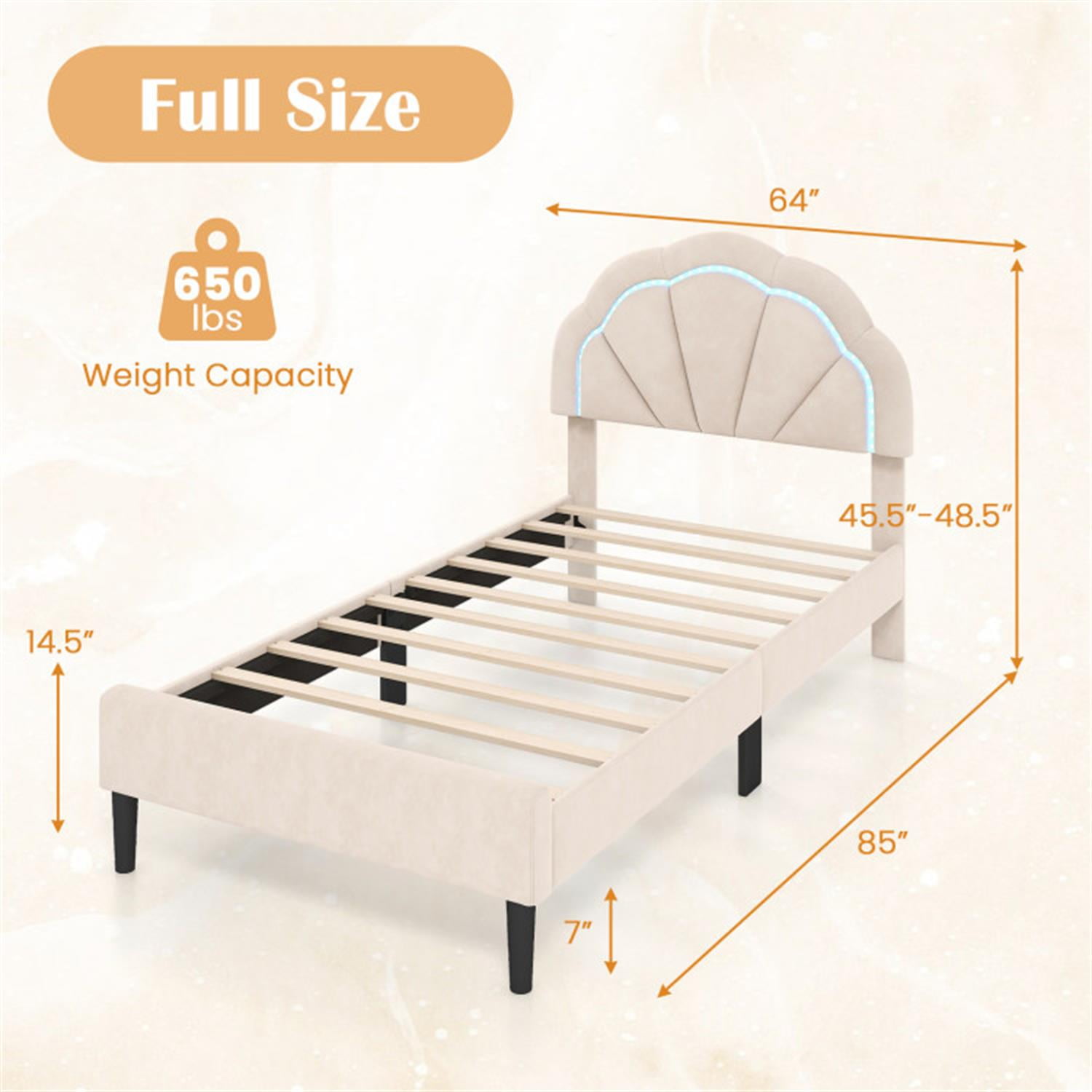 Demi Bonn Twin Size Upholstered LED Bed Frame with Adjustable Flower Headboard and Metal Support Feet, Platform Bed Frame with Wood Slats Support, No Box Spring Needed, Beige
