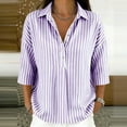 thumbnail image 2 of Qgtaibl Womens Striped Tunic Tops Trendy 3/4 Length Sleeve Lapel Half Button Down Shirts Lightweight Loose Fit Casual Blouse Purple M, 2 of 7