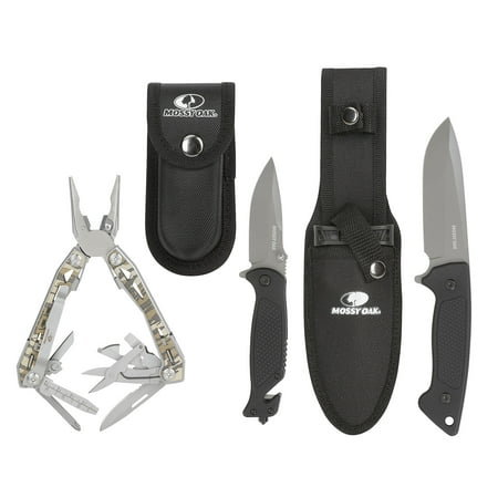 Mossy Oak 3-Pack Multitool and Knife Set: 17-in-1 Camo Multi-Tool 9 Fixed Blade Knife 7.5 Folding Knife