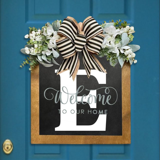 Señal De Bienvenida De Guirnalda Placa decorativa para puerta con 26 letras, adornos de madera para jardín, señal de bienvenida para puerta (E)