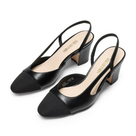 BURUDANI Women Slingback Low Chunky Heels Pumps Ankle Strap Cap Toe Pumps Shoes BLACK Size 9