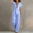 thumbnail image 6 of WRFWUL Women's Cotton Linen 2 Piece Outfits 2026 Cap Sleeve V Neck Belted Crop Tops Wide Leg Pant Sets Casual Tracksuit, 6 of 6