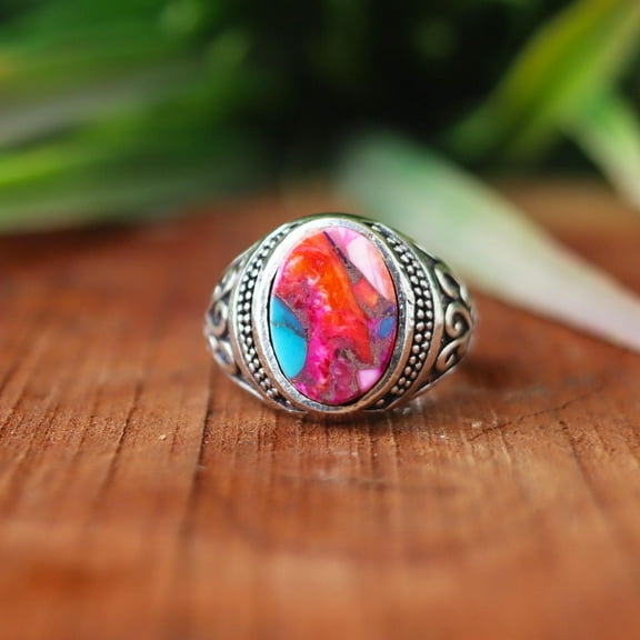 Pink Dahlia Oyster Turquoise Ring, 925 Silver Ring, Designer Ring, Multi-Stone Mosaic Ring, Boho Jewelry, Oval Gemstone Ring, Gift For Her*