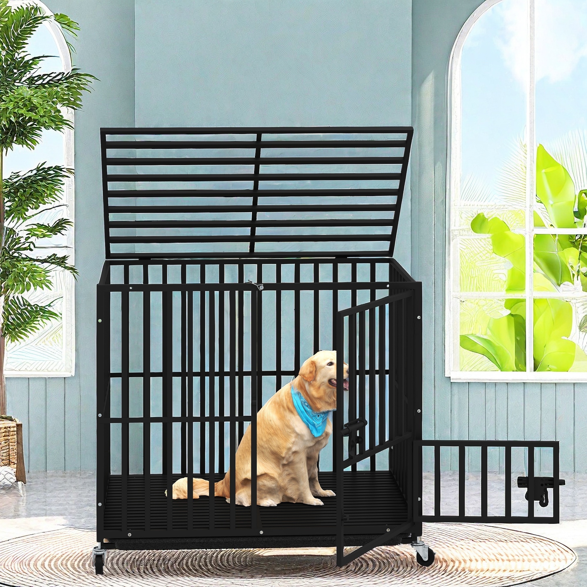 Uforic 37-Inch Heavy Duty Dog Crate with Lockable Wheels, Escape Proof Dog Cage Kennel with Removable Tray - Black