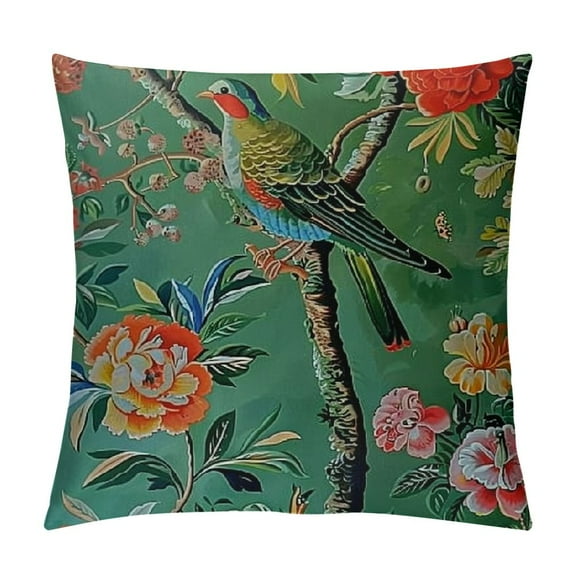 Creowell Green Chinoiserie Pillow Cover Vintage Bird Flower Throw Pillow Covers Farmhouse Floral Decorative Pillowcase Outdoor Square Cushion Cover for Couch Sofa Bedroom Decor