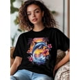 thumbnail image 2 of Camisetas para mujer, playeras con delfines al atardecer, cuello redondo, manga corta, camisetas casuales holgadas de verano, con flores de cocoteros., 2 of 8
