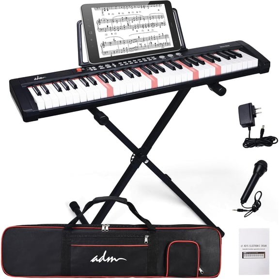 ADM 61 Key Keyboard Piano, Complete Electronic Piano Keyboard Set for Beginners Adults, Portable Music Keyboard with Lighted Keys, Teaching Modes, Stand, Case, Microphone (Black)
