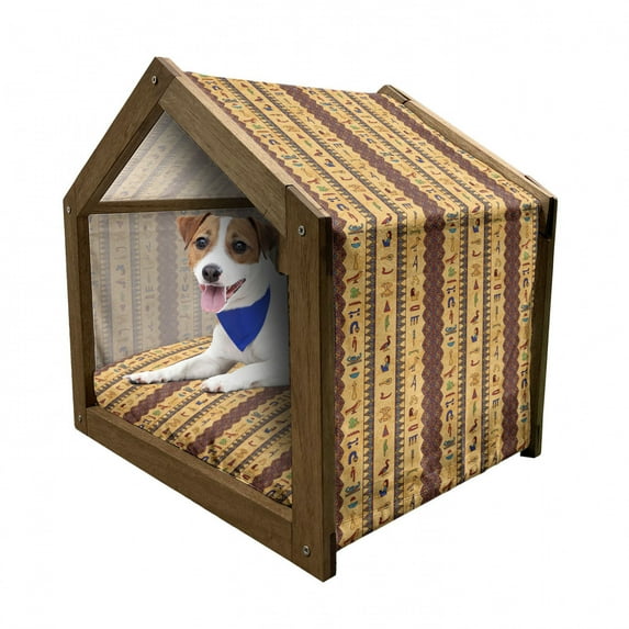 Egyptian Print Pet House, Hieroglyphs and Floral Geometric Ornament Border Aged Paper Style Backdrop, Outdoor & Indoor Portable Dog Kennel with Pillow and Cover, 5 Sizes, Multicolor, by Ambesonne