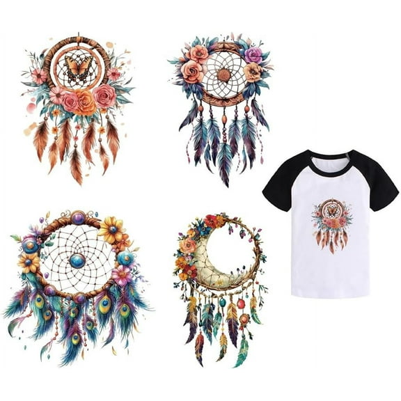 4 Sheets Dreamcatcher Iron on Decals Patches Flowers Peacock Feathers Iron on Stickers Bee Loving Transfer Stickers PET Washable Patches for DIY Clothes Decor colorful