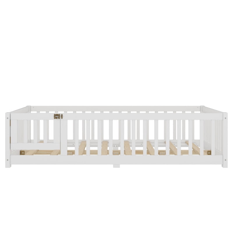 Montessori Bed with Rails, Full Size Floor Bed with Door & Slats Support, Wood Playhouse Bed with Fence, No Box Spring Needed,White