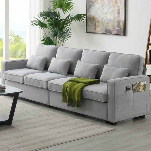 Leumius 104" Sectional Sofa, Modern Linen Fabric 4-Seater Sofa Couch with 4 Pillows, Minimalist Style Couch for Living Room, Apartment, Office, Light Gray
