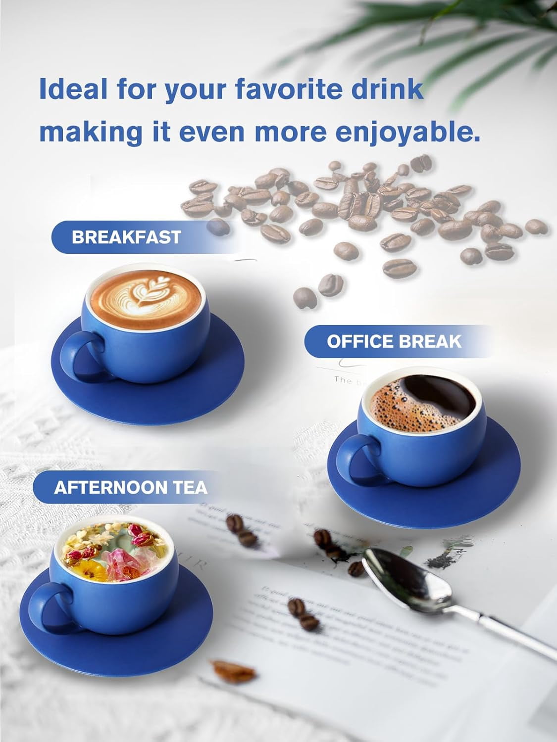 ABCISI Ceramic Coffee Cup with Saucer, 8.8 Oz  Lovely Round Shape Cafe Cup with Excellent Insulation Properties for Latte, Cappuccino, Espresso, Mocha, Coffee, Tea Cup Set,Blue