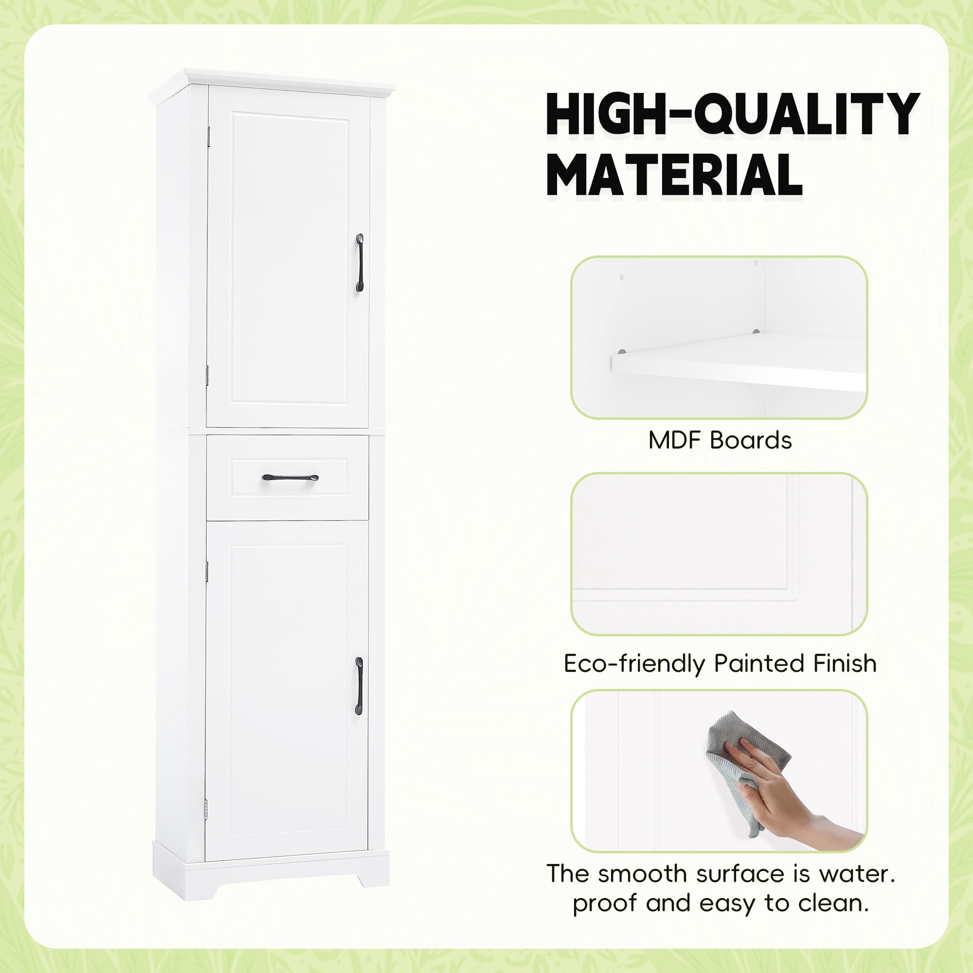 YIYADO Bathroom waterproof storage cabinet, floor-standing storage cabinet with adjustable shelves, freestanding bathroom storage rack, white