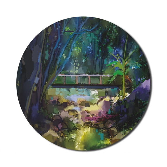 Colorful Mouse Pad for Computers, Oil Painting Style Landscape Illustration of Wooden Bridge Over Creek in Forest, Round Non-Slip Thick Rubber Modern Mousepad, 8" Round, Multicolor, by Ambesonne