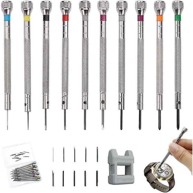Juego de 10 destornilladores de precisión de 0,6 a 2,0 mm, destornillador para reparación de relojes, destornillador con desmagnetizador, herramientas de reparación de relojeros