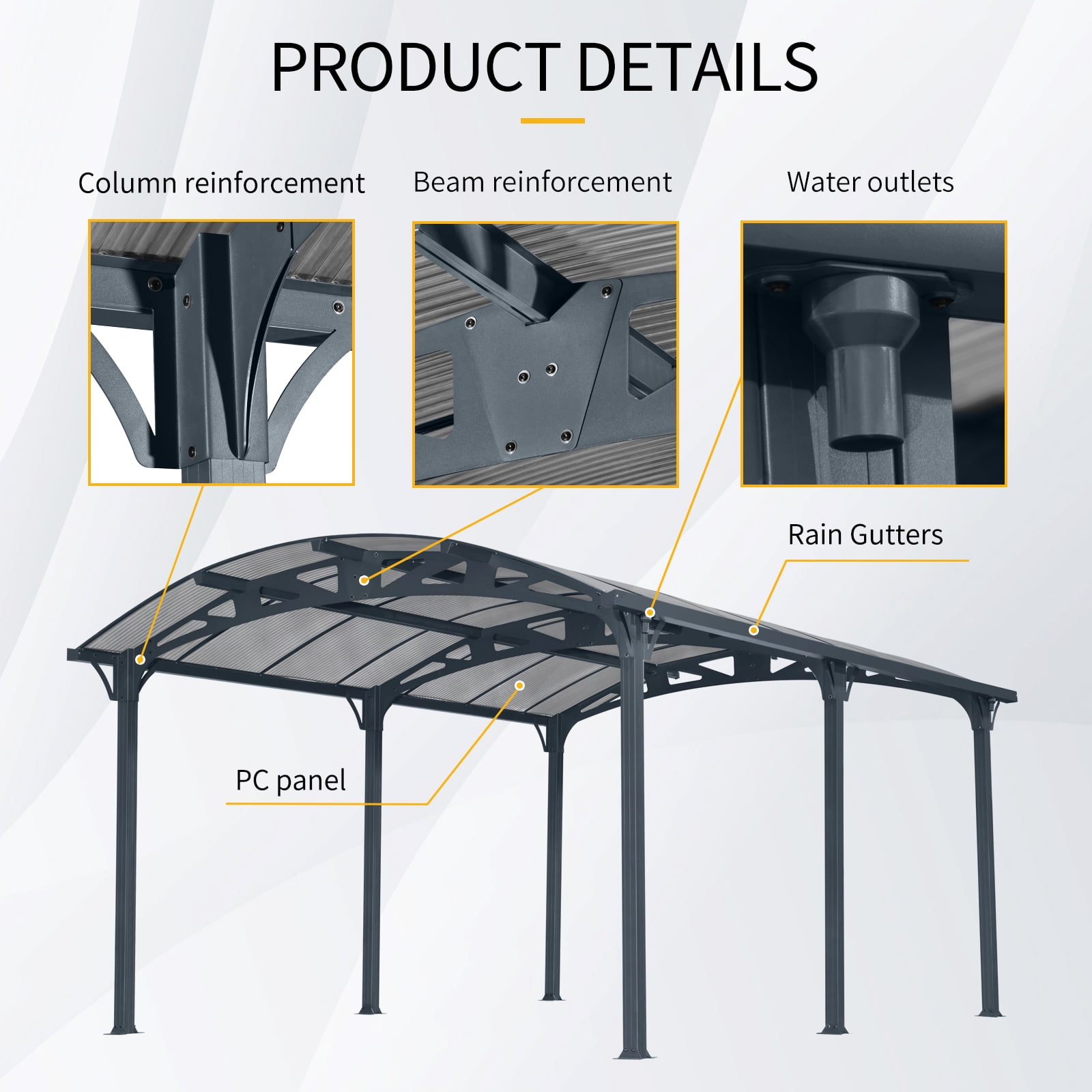 taoruifang 12x16 FT Arch Carport Aluminum Frame Polycarbonate Panels Outdoor Canopy Heavy Duty for Driveway Car Truck Black