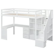Pinovk Twin Size Loft Bed with L-Shaped Desk and Drawers, Cabinet and Storage Staircase, White