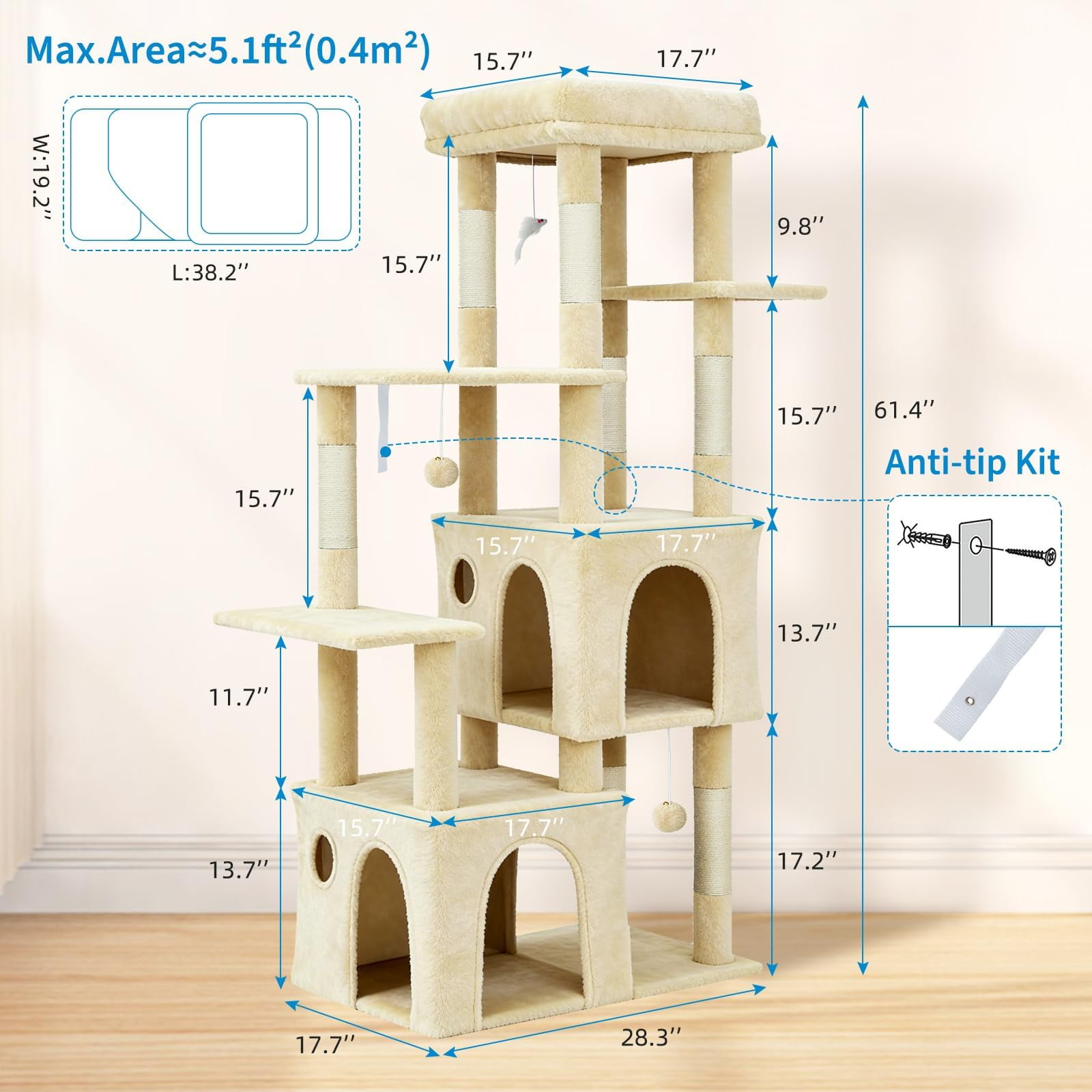 Heavy Duty Cat Tree, 61" Sturdy Cat Tree for Indoor Cats Extra Large Cat Tower with Scratching Post, Hammock, Cat Condo for Adult Cats Kittens, F72 Pro