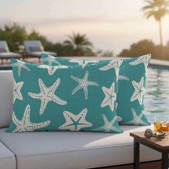 Turquoise Starfish Coastal Outdoor Pillow Covers 20x12 Inch Lumbar Pillow Covers Set of 2 Waterproof Decorative Throw Pillow Cases Nautical Summer Ocean Abstract Art Cushion Covers for Patio
