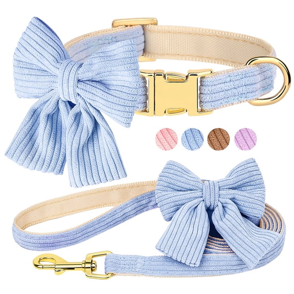 Pet Artist Comfy Corduroy Dog Collar with Cute Bowtie and Matching Leash set Adjustable Girl & Boy Dog Pet Puppy Necklace