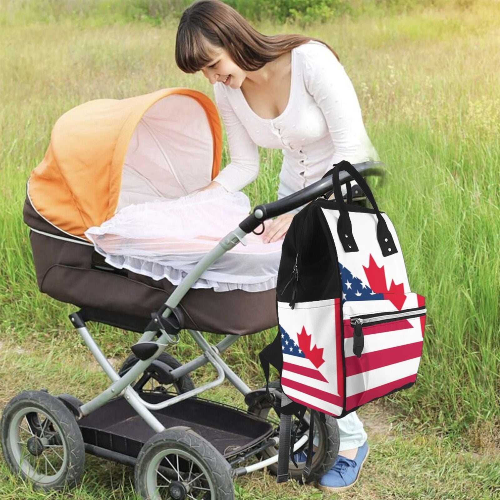 Ratiio USA Canada Flag Mummy Backpack - Waterproof Twill Canvas, Large Capacity Diaper Bag with Multiple Pockets and Adjustable Straps