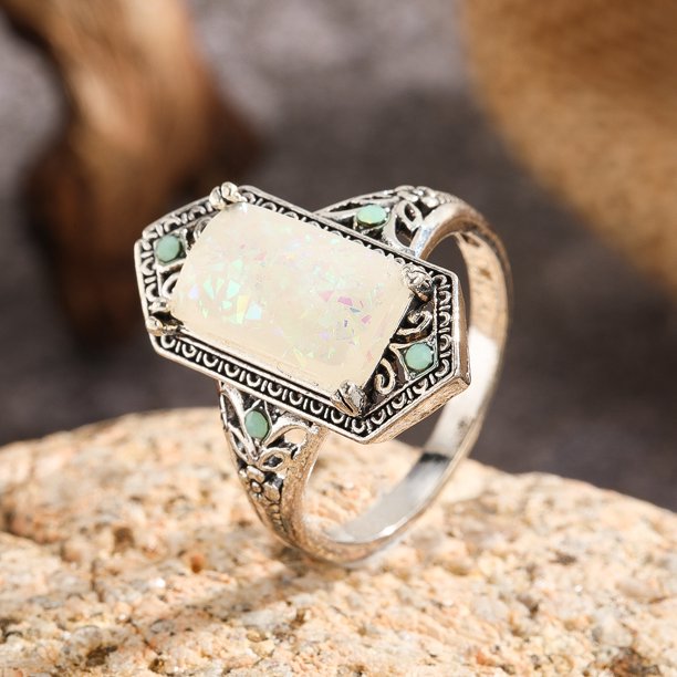 1pc Elegant Square White Opal Ring with Antique Silver Finish