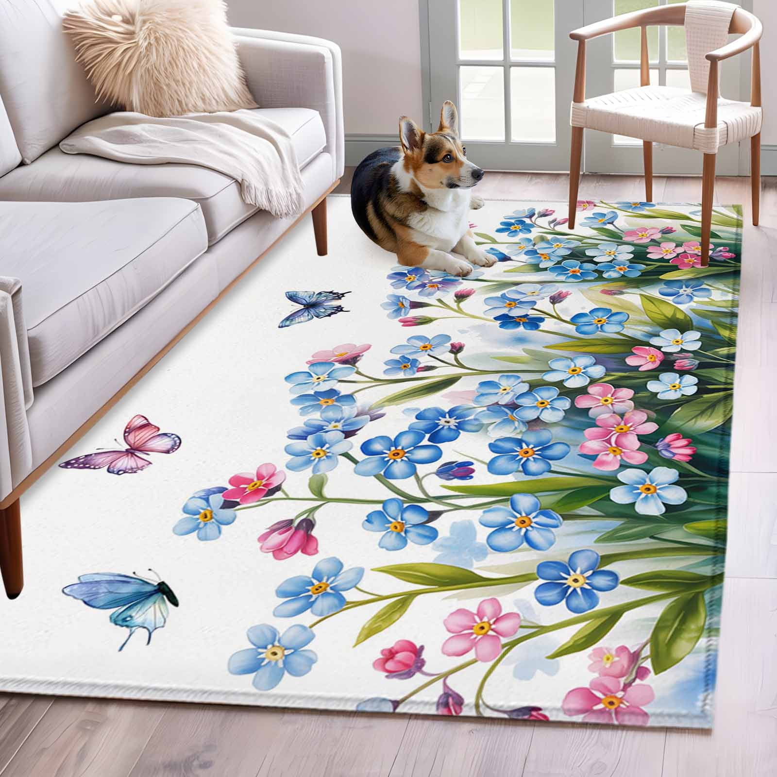 Area Rugs for Living Room Bedroom, Blue Spring Floral 4'x6' Rug Washable Carpet Runner Indoor Outdoor, Pink Flowers Butterfly Pastoral Non Slip Accent Floor Mats Rug for Kitchen, Office