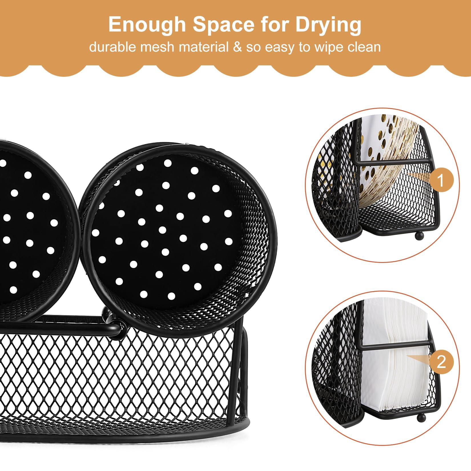 Metal Utensil Caddy Silverware Organizer, Utensil Holder Cutlery Caddy, Flatware Spoon Fork Storage for Outdoor Party Camping Picnic Buffet RV BBQ Farmhouse Kitchen Countertop (Black)
