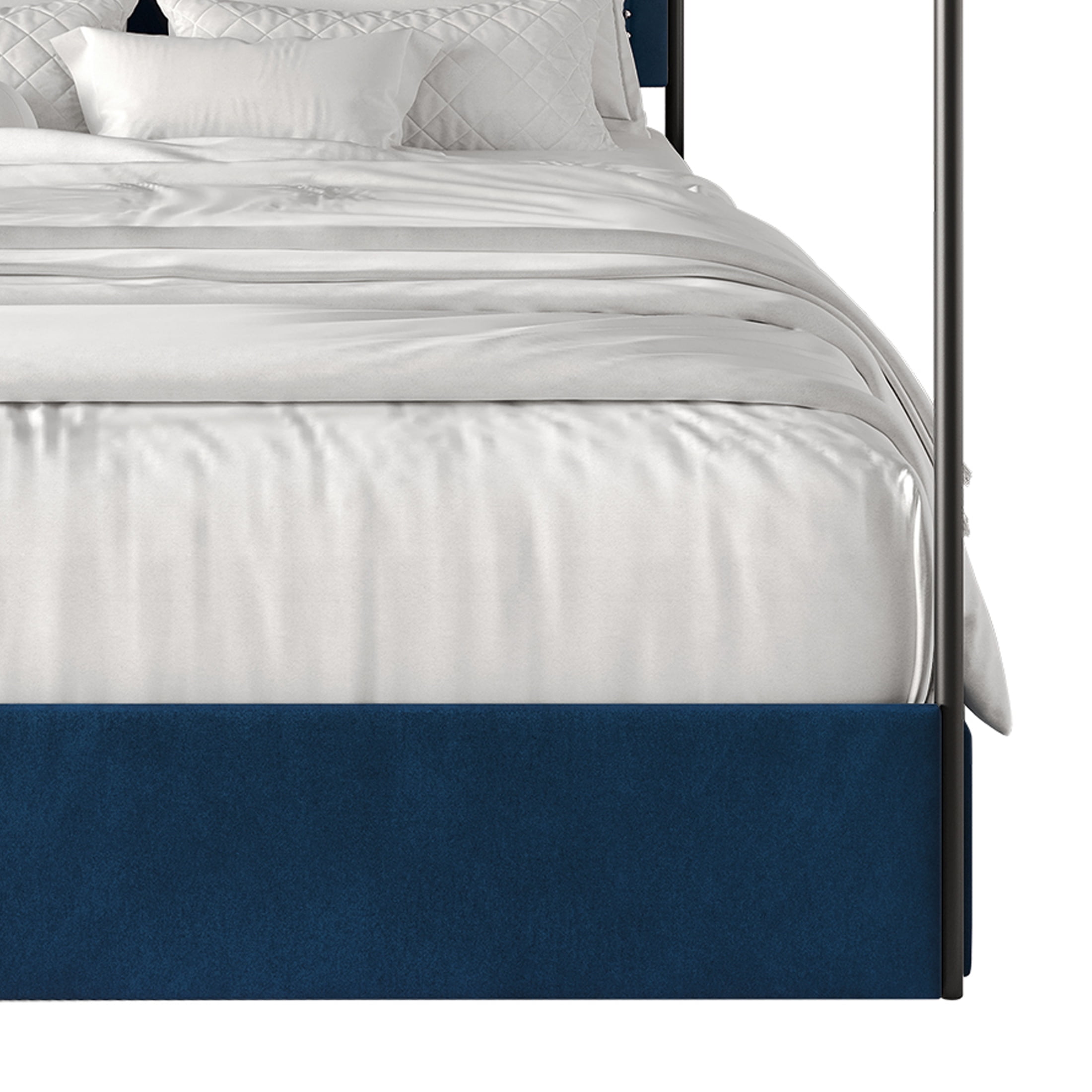 Castle Place Sleek Upholstered Nailhead Trimmed Queen Metal Platform Bed with 4 Storage Drawers, Navy Blue