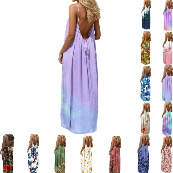 Elvqul Maxi Dresses for Women Scoop Neck Summer Dress Tunic Pullover Flowy Floral Beach Womens Sleeveless Dresses, Sizes S-5X