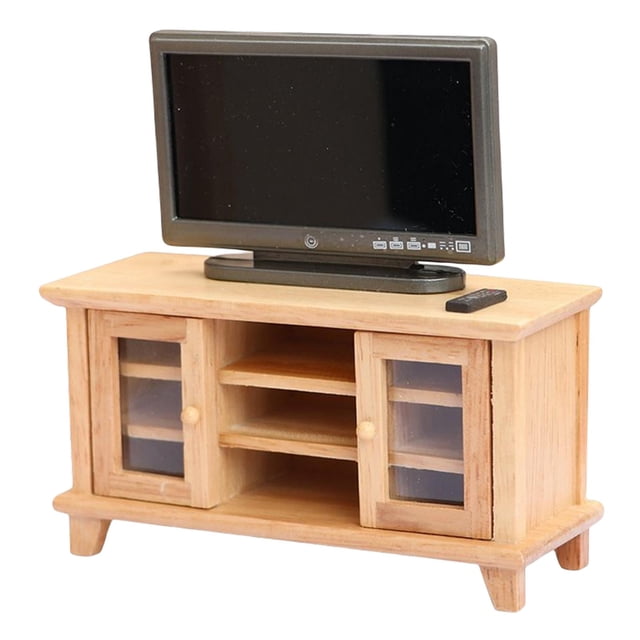Mueble de TV en miniatura, TV de casa de muñecas y control Decoración de casa de muñecas en miniatura marrón