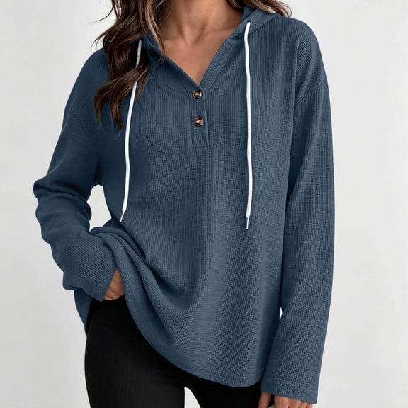 DailyTrove Women Waffle Knit Henley Hoodie Drawstring Long Sleeve Loose Casual Sweatshirt