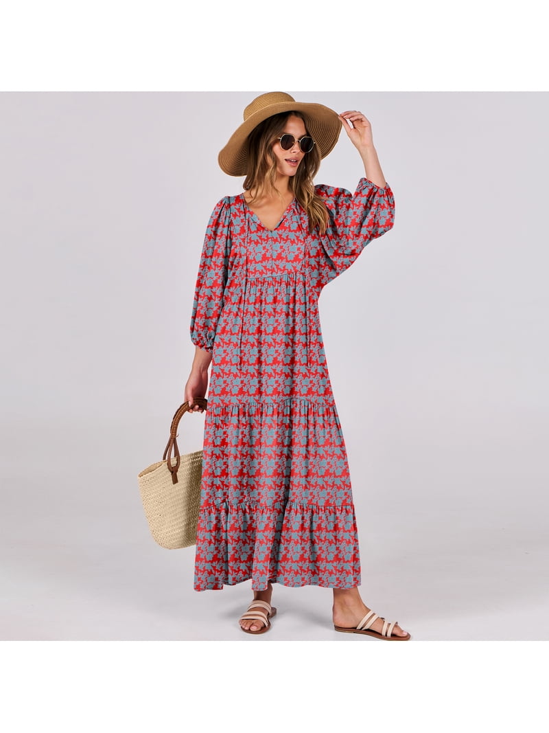 loose fit wedding guest dresses Luniro Boho Maxi Dresses for Women Floral Flowy Loose Fit 3/4 Sleeve Fall  Summer Wedding Guest Dress