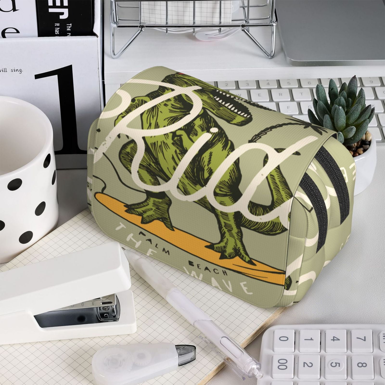 Rateoe Dinosaur Pattern Double Clamshell Pen Case, Storage Organizer with Two Zipper Compartments– Holds Up to 50 Pencils & Pens