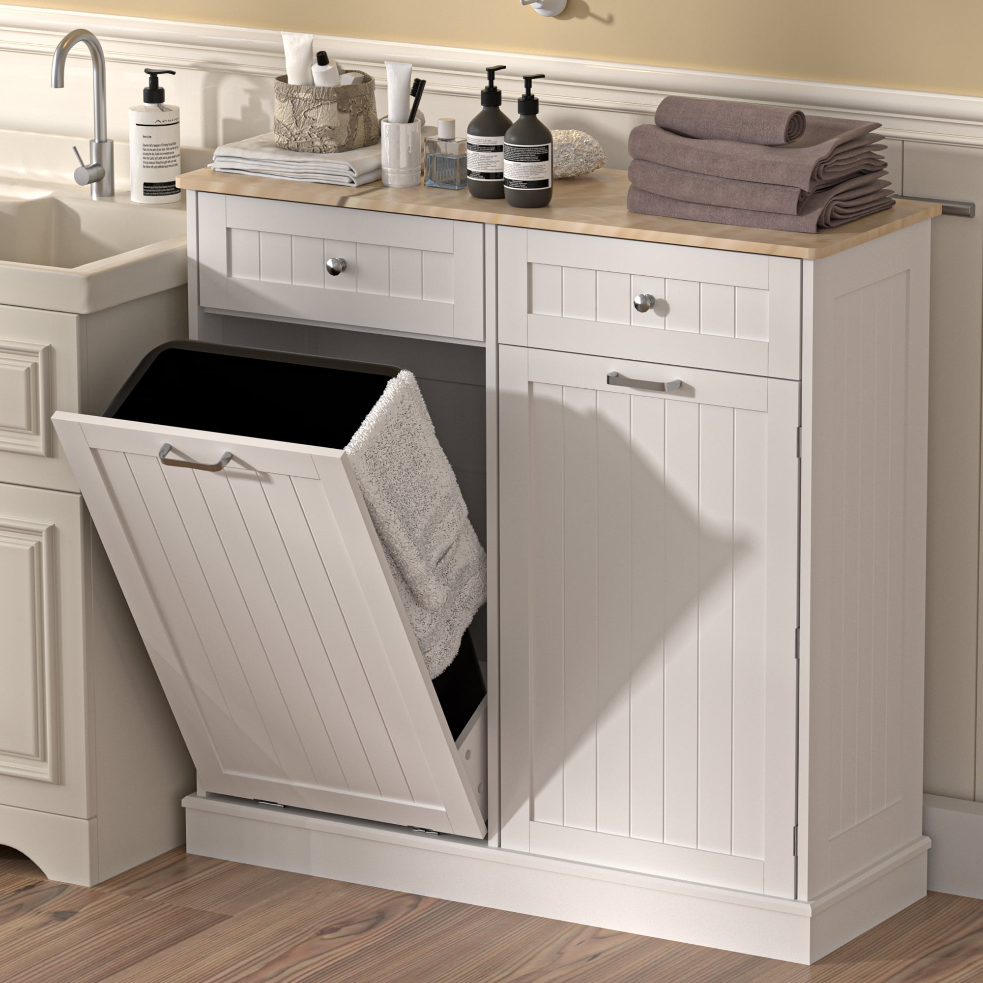 HARIPUL Single Tilt Out Trash Cabinet 13 Gallon Waste Bins Hidden Trash Bin w/ Shelf for Kitchen, White