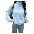 thumbnail image 3 of Women Turtle-Neck Sweater Chunky Long Sleeve Knitted Pullover High Low Hem Trendy Fall Winter Top Light Blue L, 3 of 8