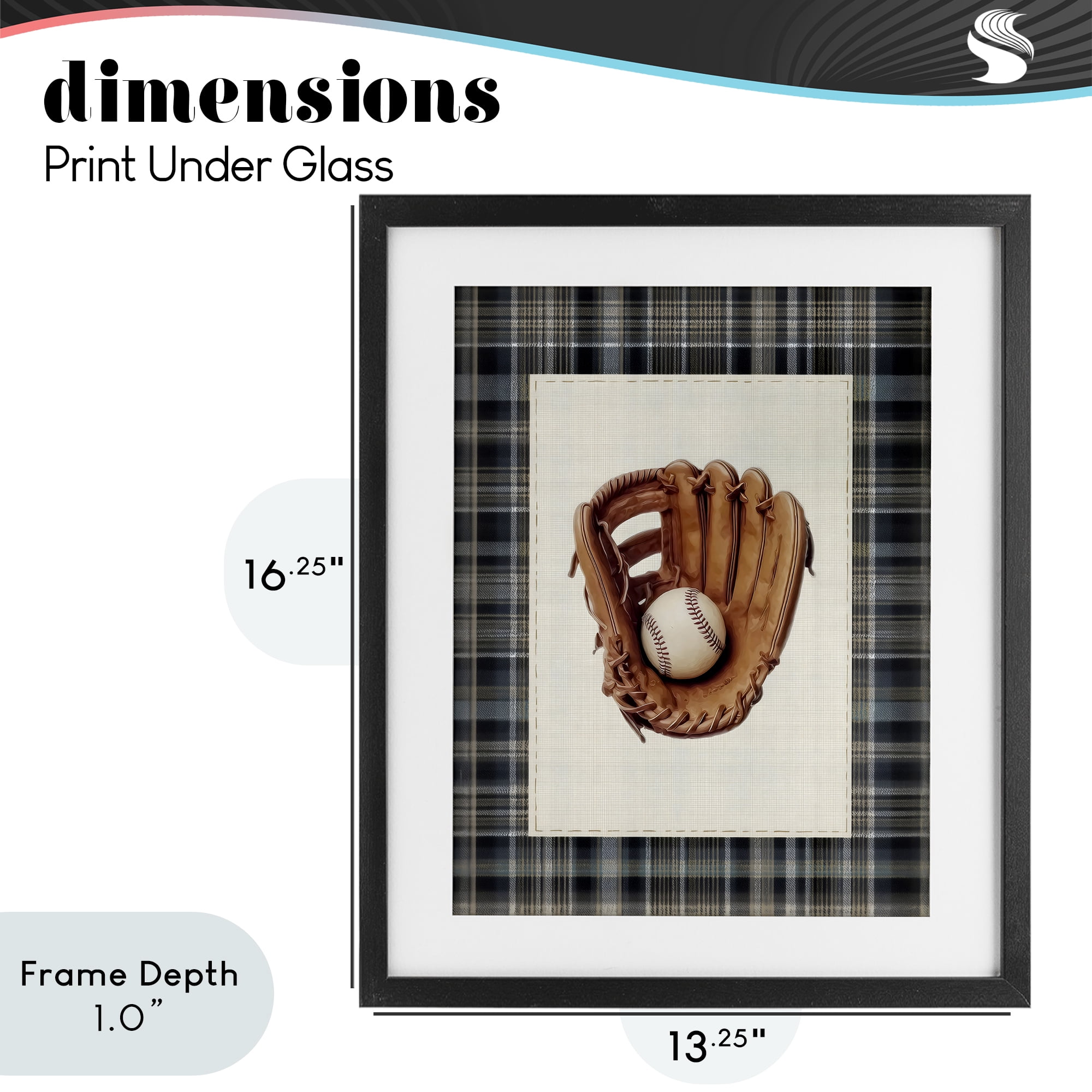 Stupell Industries Baseball Glove with Plaid Black Framed Print Under Glass, design by Arlington Prints