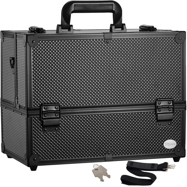 Joligrace Estuche de Maquillaje Profesional Ajustable - 6 Bandejas Estuches de Cosméticos Caja Organizadora de Almacenamiento de Maquillaje con Cerradura y Compartimentos 14 Pulgadas Grande Negro
