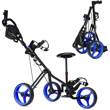 Golf Push Pull Cart with Seat, Lightweight Foldable 3 Wheels Golf Push Cart, Golf Trolley with Foot Brake, Adjustable Umbrella Holder & Seat, 4 Height Position Handle