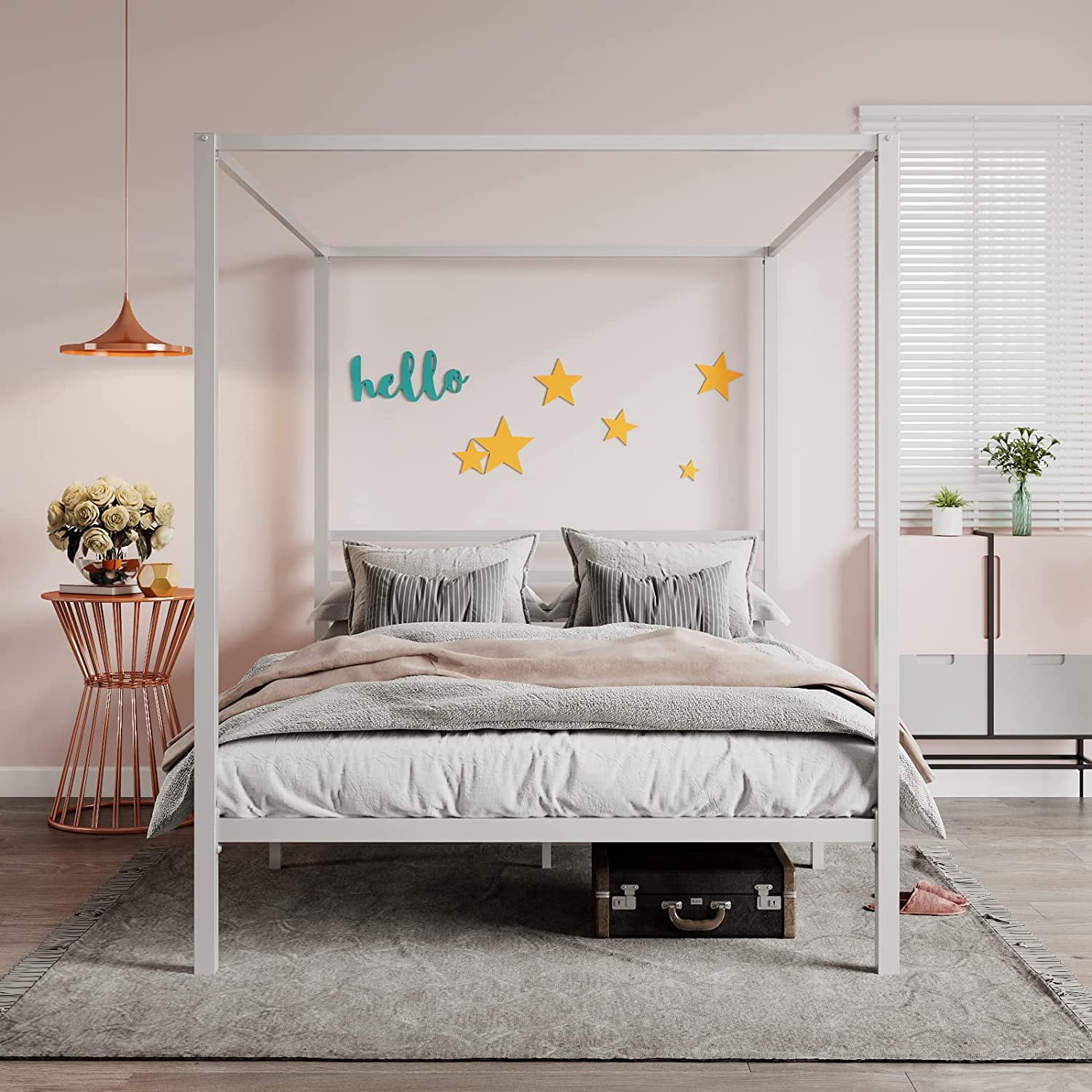 SHA CERLIN Queen Size Canopy Bed Frame with Metal Slats Support, White