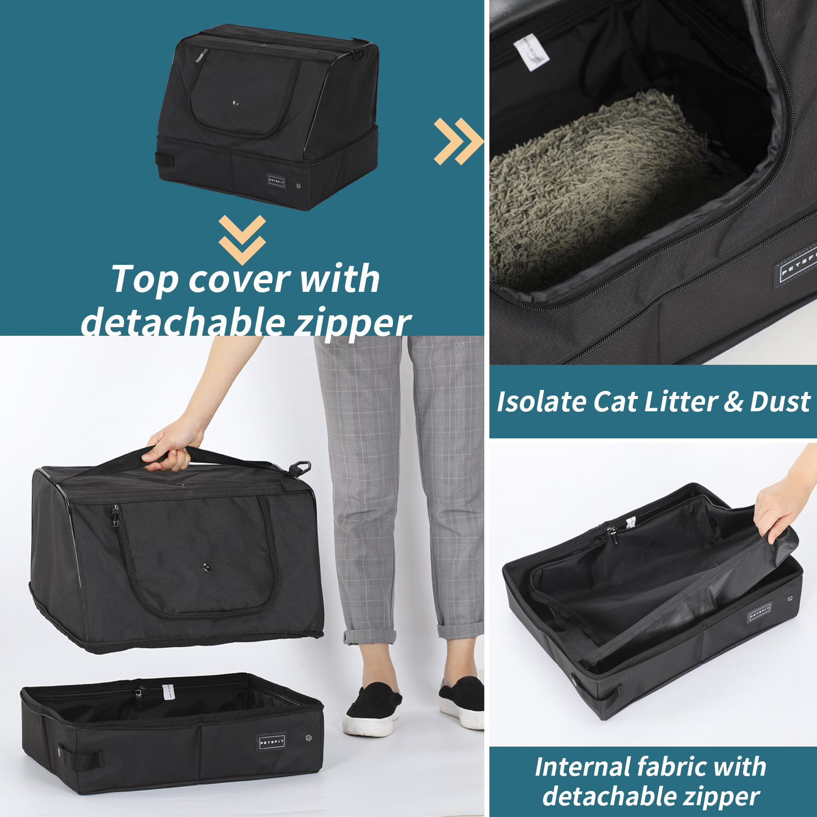 PETSFIT Portable Cat Litter Box,Covered Travel Litter Boxes for Cats,Machine Wash,Leak-Proof, Foldable ,Black