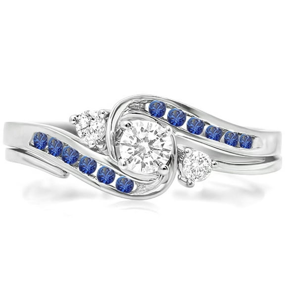 Dazzlingrock Collection 10K Round Blue Sapphire & White Diamond Ladies Swirl Bridal Engagement Ring Set, White Gold, Size 5