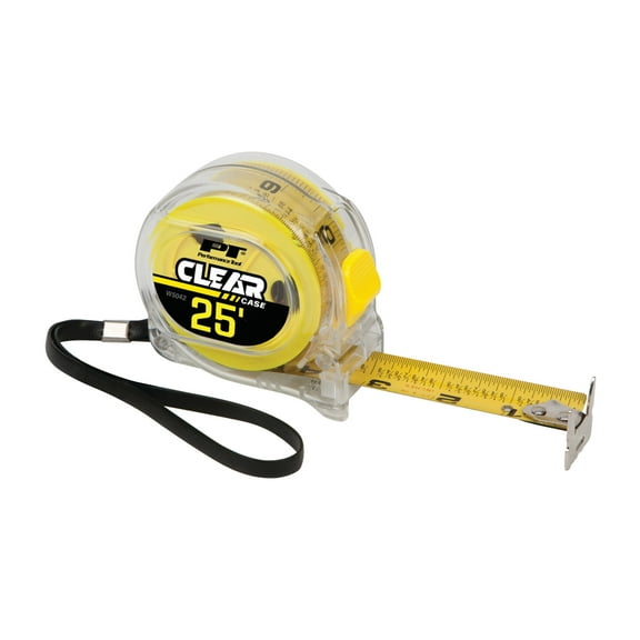 Performance Tool W5041 Clear Polycarbonate Tape Measure with Double Sided Hook, Belt Hook, and Wrist Strap, 25 ft