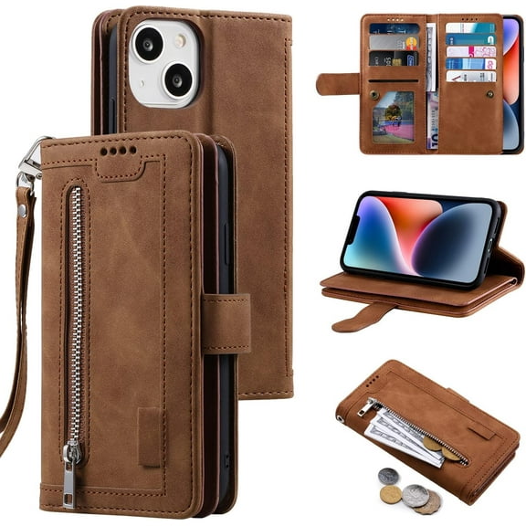 Wallet Case for iPhone 14, Retro Matte 9 Card Holder Slots Zipper Pocket Case PU Leather Magnetic Closure Kickstand with Wrist Strap Shockproof Folio Flip Case - Brown