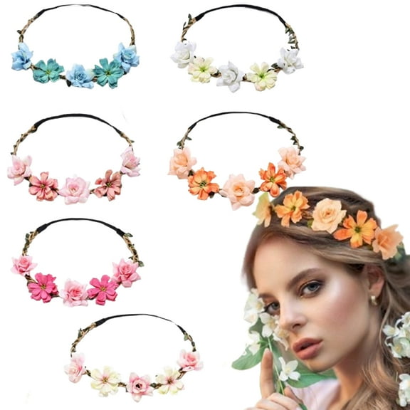 6 PCS Bohemian Flower Crown Set - Elastic Fabric Hair Wreaths & Tiaras for Brides, Bridesmaids, Festival, Photo Shoot