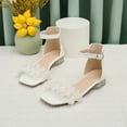 thumbnail image 2 of Girls Lace Princess Low Heels Sandals White Pearl Square Open Toe Bling Heeled Dress Summer Shoes for Wedding, 2 of 4