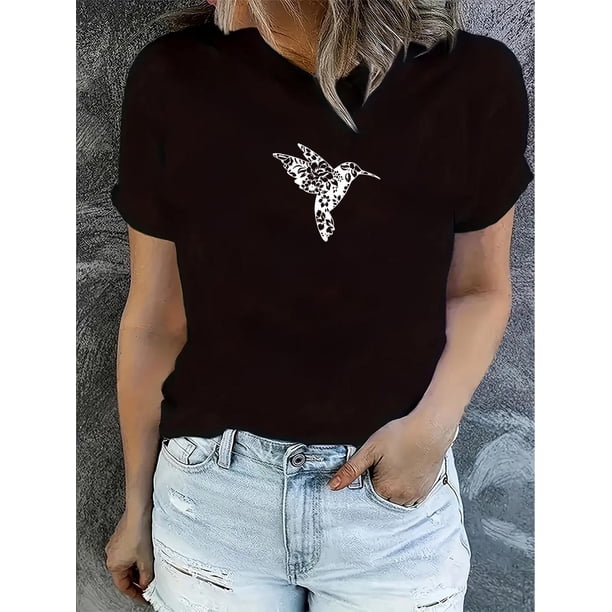 Camiseta de mujer de verano con Cuello Redondo1pc Women'S Casual Polyester T-Shirt with Abstract Hummingbird Print, Round Neck, Short Sleeve, Comfortable Knit Fabric, Fashionable Animal Pattern Top